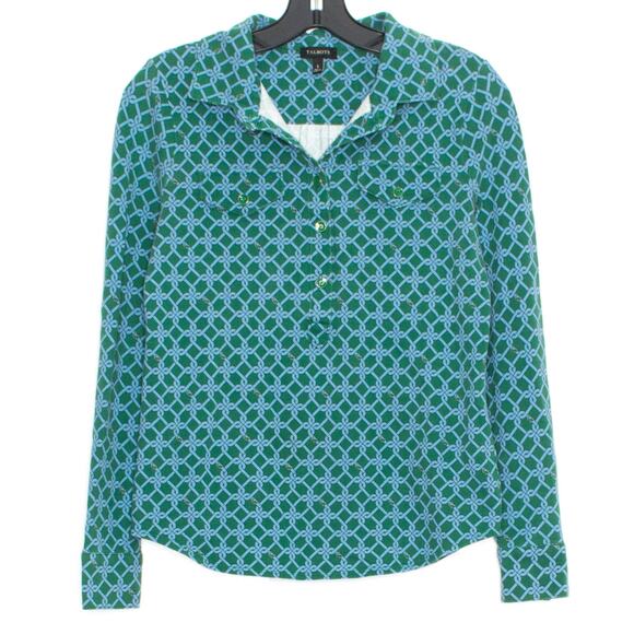 Talbots Womens Top Buttons Buckle Print Preppy Minimalist Retro Green Blue Small - Picture 1 of 4